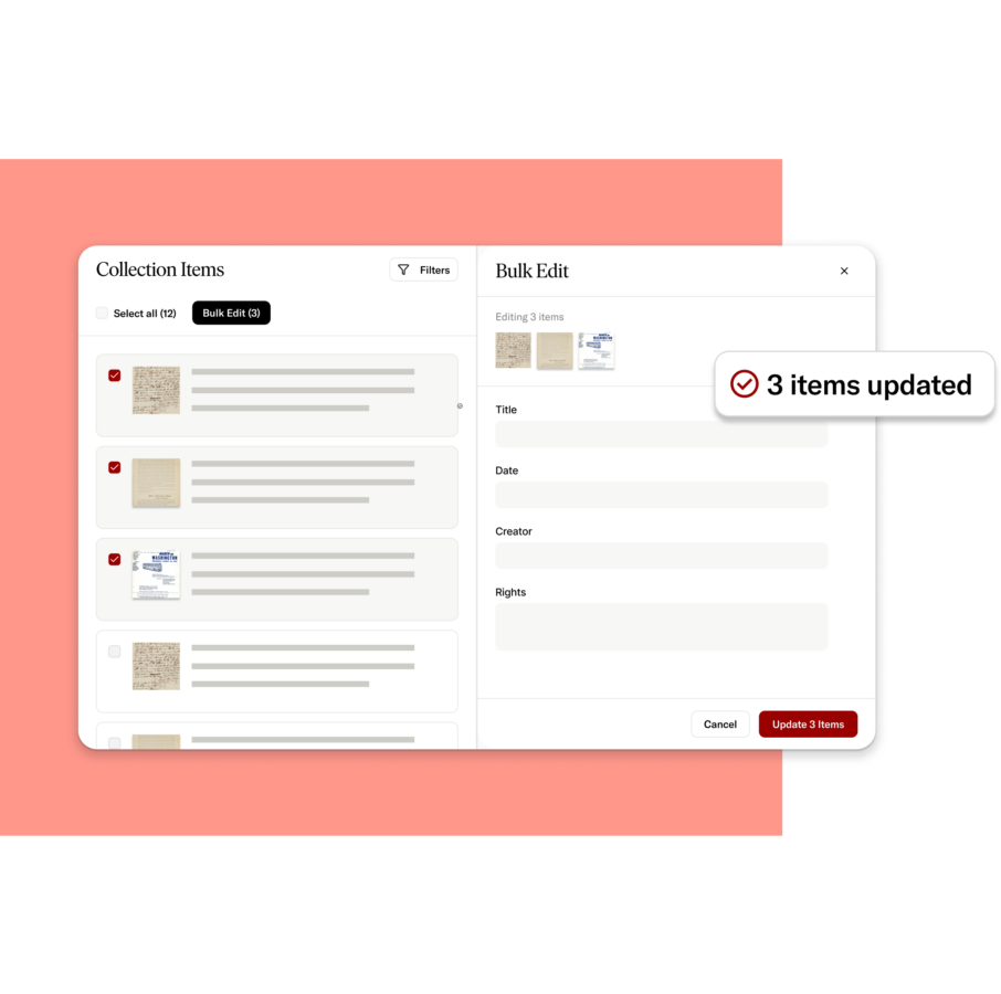 JSTOR Stewardship bulk edit screen showing multiple selected items, editable metadata fields, and a confirmation message reading ‘3 items updated.’