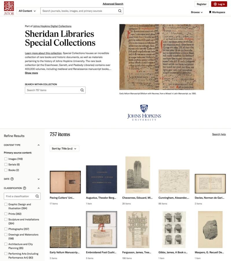 Screenshot of a JSTOR collection page titled “Sheridan Libraries Special Collections,” part of Johns Hopkins Digital Collections. The page includes a description of the collection, a featured image of a medieval manuscript, filters for content type and classification, and a grid of item thumbnails.