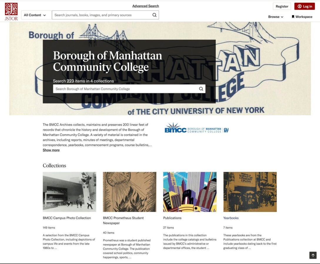 Screenshot of a JSTOR institution page for the Borough of Manhattan Community College. The page shows a banner graphic, a search bar for the institution’s collections, descriptive text about the archives, and thumbnails linking to campus photos, student newspapers, publications, and yearbooks.