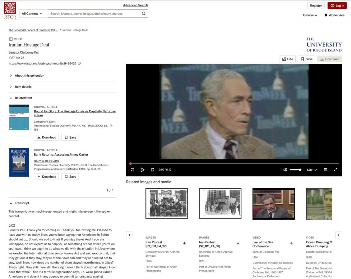 Screenshot of a JSTOR item page for a video titled “Iranian Hostage Deal” by Senator Claiborne Pell, dated January 25, 1987. The page shows a video player with a still image of Senator Pell speaking during a television interview, along with item metadata, related scholarly articles, a transcript section, and links to related images and videos.