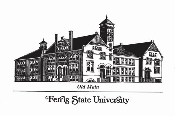 Illustration of Ferris State University’s Old Main building, with the labels ‘Old Main’ and ‘Ferris State University’ below.